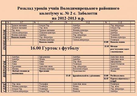 Розклад уроків учнів Володимирецького районного колегіуму корпусу № 2    села Заболоття на 2012-2013 н.р.