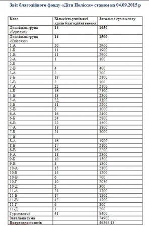 Звіт благодійного фонду «Діти Полісся» станом на 04.09.2015 р