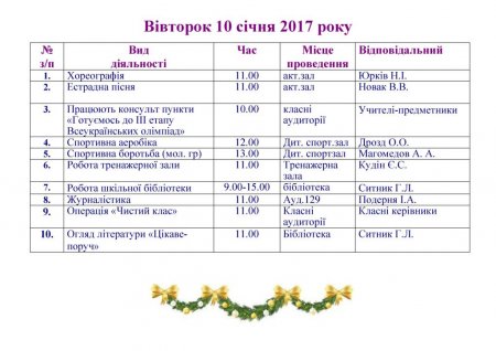 План роботи Володимирецького районного колегіуму на зимові канікули  2016-2017 н. р.