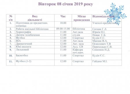 План роботи на зимові канікули 2018-2019 н.р.