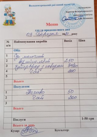 Меню на 03.03.2021 року для учнів 1-4 класів та ГПД