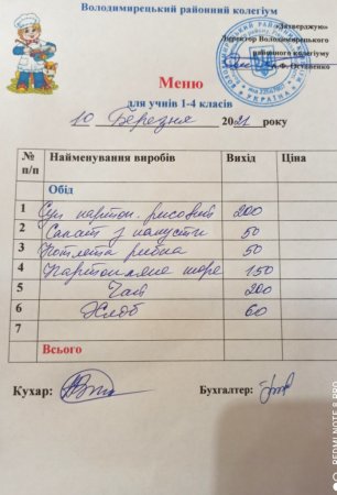 Меню на 10.03.2021 року для учнів 1-4 класів та ГПД