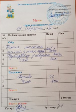 Меню на 19.03.2021 року для ГПД