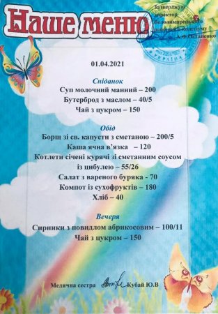 Наше меню на 01.04. 20