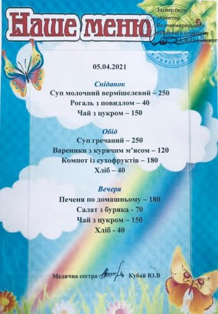 Наше меню на 05.04. 20