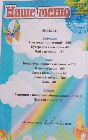 Меню на 08.04.2021 року