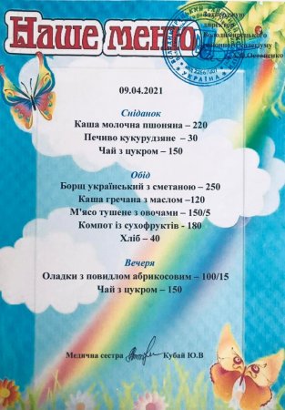 Меню на 09.04.2021 року