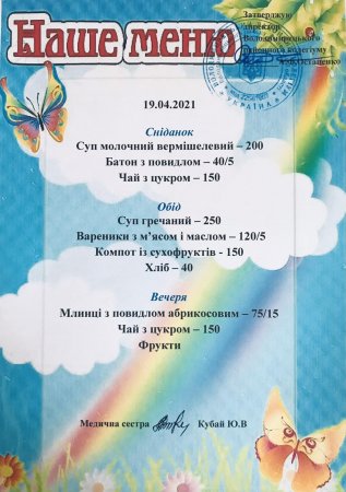 Меню на 19.04.2021 року