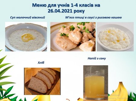 Меню на 26.04.2021 року для учнів 1-4 класів 