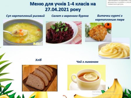 Меню 1-4 класів та групи продовженого дня на 27.04.2021 року