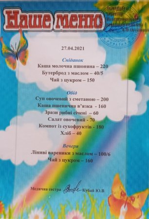 Меню на 27.04.2021 року
