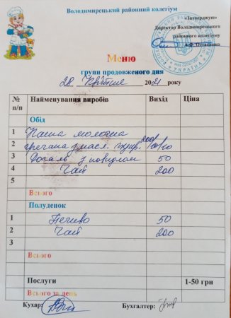 Меню для учнів ГПД на 28.04.2021 року