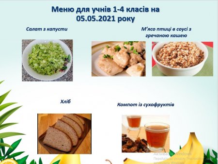 Меню на 05.05.2021 року для учнів 1-4 класів 