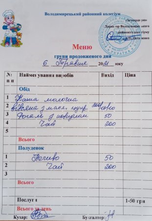 Меню для учнів  групи продовженого дня на 06.05.2021 року