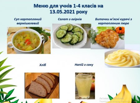Меню для учнів  1-4 класів  на 13.05.2021 року
