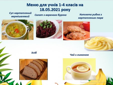 Меню для учнів 1-4 класів на 18.05.2021 року