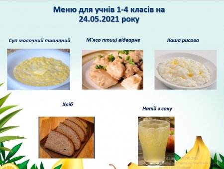 Меню для учнів  1-4 класів  на 24.05.2021 року