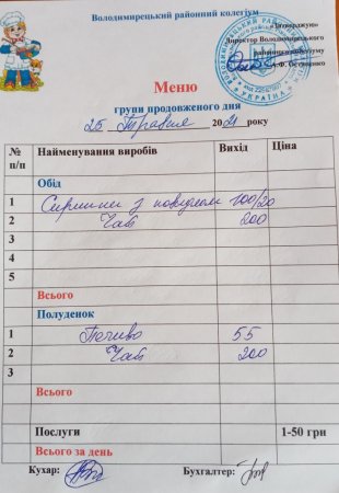 Меню для учнів ГПД на 25.05.2021 року