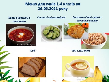 Меню для учнів 1-4 класів на 26.05.2021 року