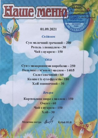 Меню на 01.09.2021 року
