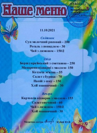 Меню на 11.10 2021 року