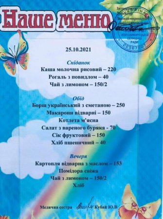 Меню на 25.10.2021 року