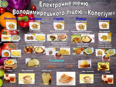 Меню  з 29 листопада по 03 грудня 2021 року