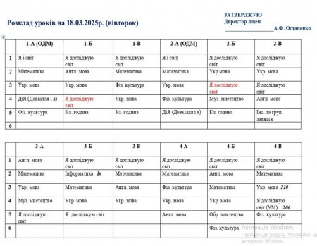 Розклад навчальних факультетів для учнів 1-11 класів на 18.03.2025 р.