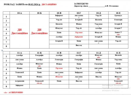 Розклад навчальних занять 1-11 класів  на 09.02.26