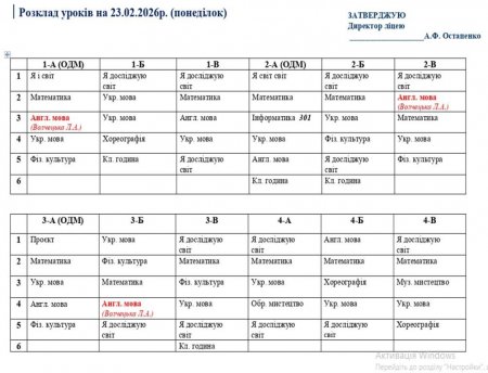 Розклад навчальних занять на 23.02.2026 року