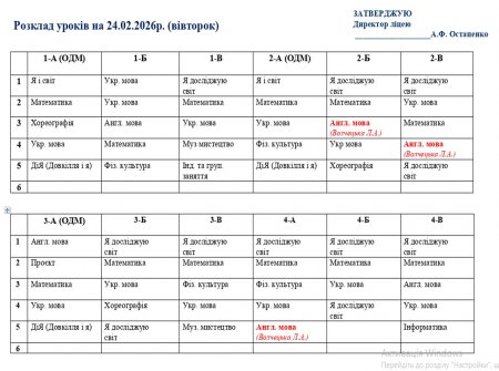 Розклад навчальних занять на 24.02.2026 року