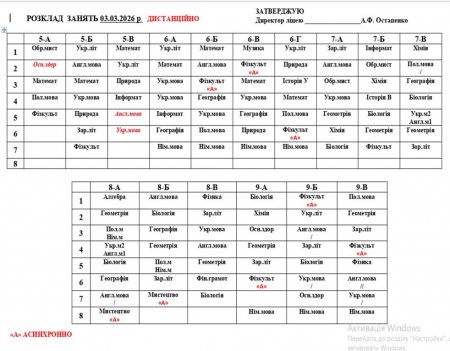 Розклад навчальних занять для учнів на 03.03.2026 р.