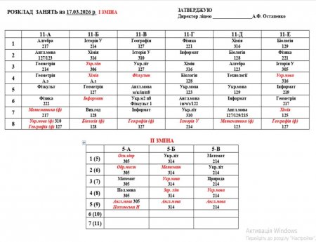 Розклад навчальних занять для учнів 1-11 класів на 17.03.2026 року