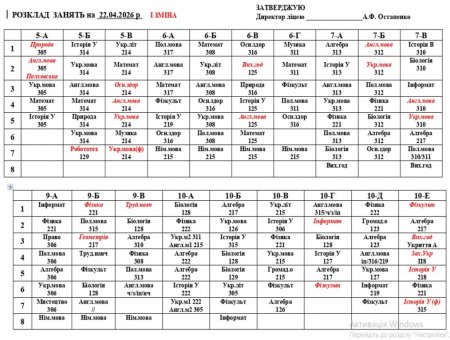 Розклад навчальних занять на 22.04.2026 року